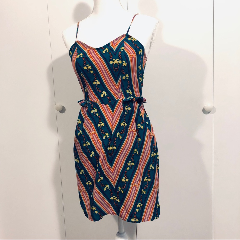 Floral/Striped ruffle mini sun dress w/ pockets XS